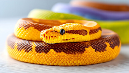 Obraz premium Vibrant orange and brown snake coiled on white surface, blurred colorful snakes in background. Generative AI