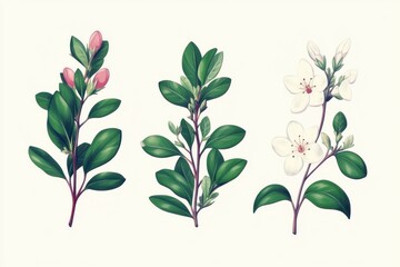 This artwork features an intricate illustration of the Myrtus plant, capturing its various parts side by side