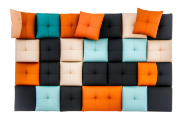 Abstract Arrangement of Colorful Square Cushions on Black and White Background