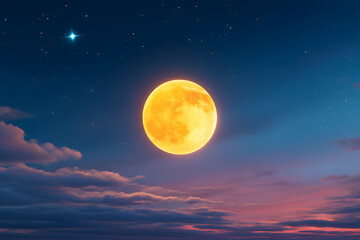 Obraz premium A large, golden full moon hangs low in a twilight sky, partially obscured by clouds and scattered stars. Generative AI