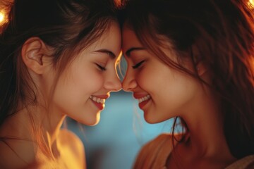 Two women with radiant smiles share an intimate moment, their faces touching in a display of pure affection and connection. Their eyes are closed.