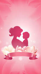Mother's Day vertical illustration streamers flower mother holding baby