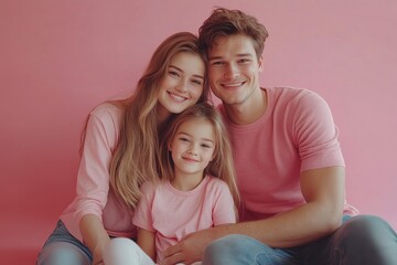 A portrait of a happy young family, a man, woman, and daughter, all wearing matching pink shirts, looking lovingly at the camera. They are sitting on a pink background, exuding warmth and happiness.