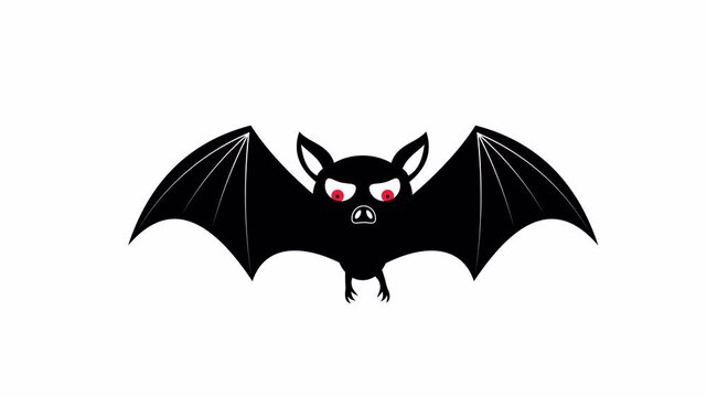 Flying Bat Animation with Red Eyes and Angry Expression. This video features a looped animation with alpha channel on transparent background, showcasing a cartoon style bat flapping its wings.