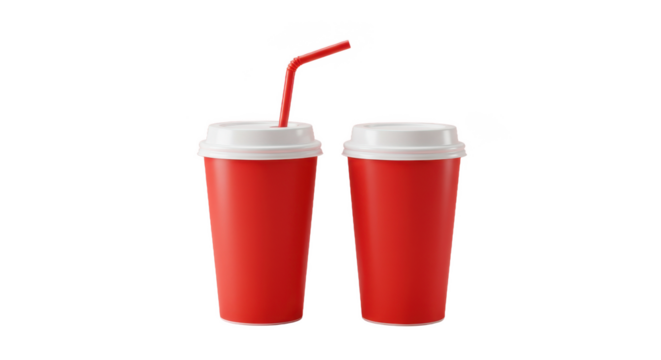 Two red cups with white lids one with a red straw on a black background in a studio shot