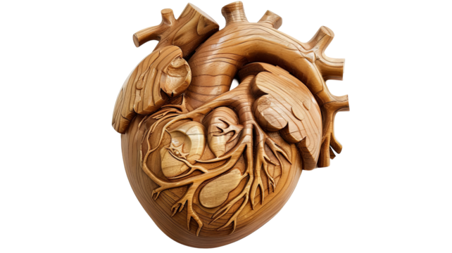 Detailed, wooden anatomical heart sculpture with arteries and ventricles against a transparent background for educational visualizations