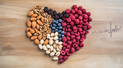 Healthy nuts and fruits arranged in heart shape on wooden table, soft focus medical chart with 