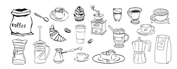 Coffee elements line art style vector illustrations. Black line sketch isolated on white background. Coffee cup, cappuccino, coffee pot, bag, beans ink style drawing se