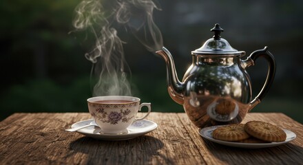 Aromatic Steam Rising from a Delicate Teacup and Silver Teapot on Rustic Wooden Table, Outdoors Setting