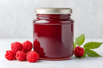 Raspberry jam in a glass jar for mockup with fresh raspberries and green leaves displayed against a light background, perfect for showcasing homemade preserves