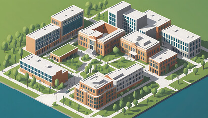 Isometric Campus: Brick Buildings, Green Spaces, and Waterway.