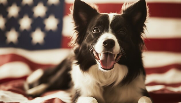 Joyful Border Collie Resting On Top Of The American Flag, Looking Content And Peaceful In This Patriotic And Heartwarming Image.