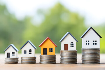 Miniature houses on stacks of coins representing investment growth in real estate and property value appreciation in a green outdoor setting
