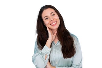 Studio portrait of a businesswoman gently touching her face and smiling, isolated on a transparent...