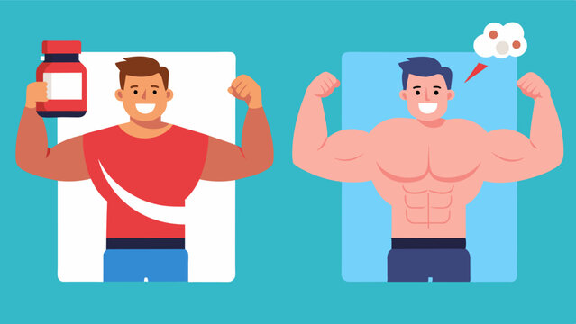 A supplement advertit shows a before and after photo claiming the drastic change in muscle size was achieved by simply taking their product without mentioning the individuals. Vector illustration