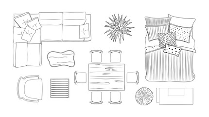 Furniture outline Top view Set Vector isolated. © Creative_Juice_Art