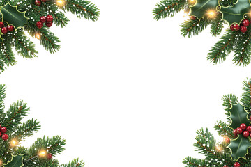 Festive frame with evergreen sprigs, holly leaves, red berries, and soft lights on a transparent background