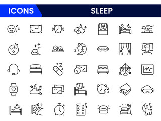 Sleep vector illustration web line icon collection featuring beds, moon, dreams, rest, and relaxation. Perfect for wellness apps, sleep tracking, and health-related digital design projects.