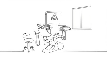 Elegant minimalist line art depicting a dentist's office interior ambiance