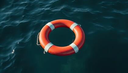 Aerial View of a Vibrant Red and White Lifebuoy Floating on the Deep Blue Sea in Bright Sunlight