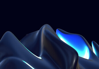 Blue abstract 3D silk liquid chrome metalic blue color wave oil shiny flowing design render wallpaper silver background	
