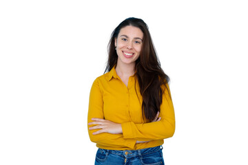 Studio portrait of a cheerful young woman with crossed arms, exuding confidence and approachability on a transparent background