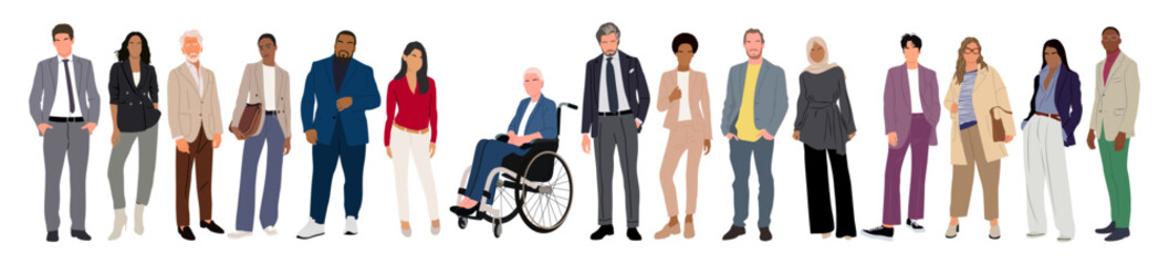 Obraz premium Multinational business team. Vector illustration of diverse cartoon men and women of various ethnicities, ages and body type in office outfits. Set of different business people. Isolated on white