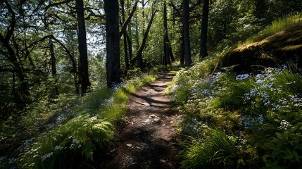 Obraz premium A peaceful woodland trail bordered by wildflowers and ferns, with morning light casting long shadows