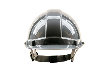 Fototapeta premium Frontal view of a gray safety helmet with a clear visor and adjustable straps, set against a transparent background