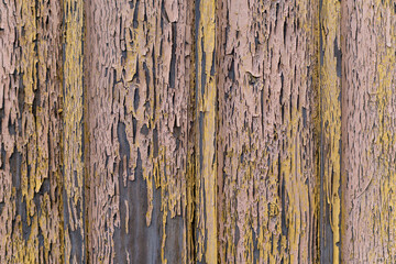 Obraz premium wooden boards covered with peeling paint in shades of yellow and brown. The texture of the paint and wood creates an interesting, abstract pattern, suggesting the passage of time and the natural aging