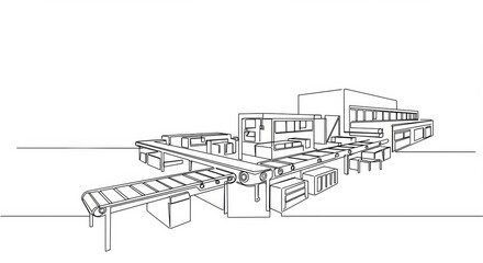 Minimalist single line drawing of a manufacturing facility featuring a conveyor belt system