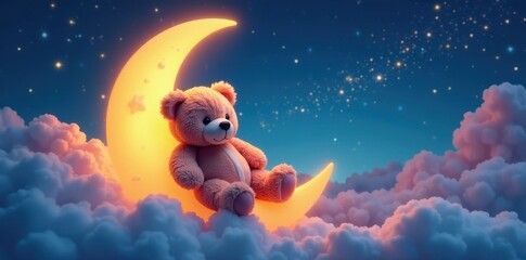 Sweet teddy bear rests on glowing crescent moon amidst starry night and cotton-candy clouds , crescent, whimsical, fluffy