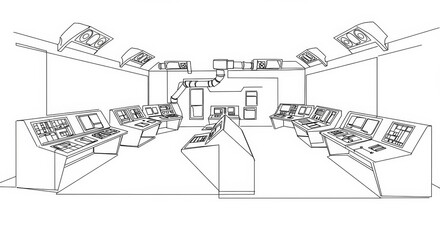 Minimalist Line Drawing of a Control Room with Clean, Elegant Simplicity