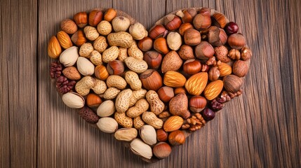 Healthy nuts and fruits arranged in heart shape on wooden table, soft focus medical chart with 