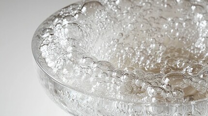 Close-up of swirling water with numerous bubbles in a clear glass bowl
