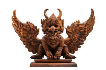 Detailed wood carving of a mythological bird creature with intricate wings on a wooden base transparent background