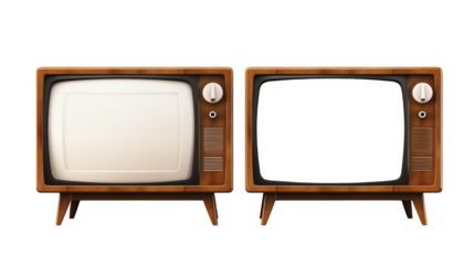 Two retro televisions one on and one off against  on transparent background