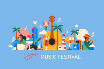 Summer music festival modern poster design in trendy geometrical style. Template for cards, banner and background