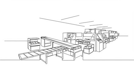 Obraz premium Minimalist line drawing showcasing a manufacturing facility with conveyor belts