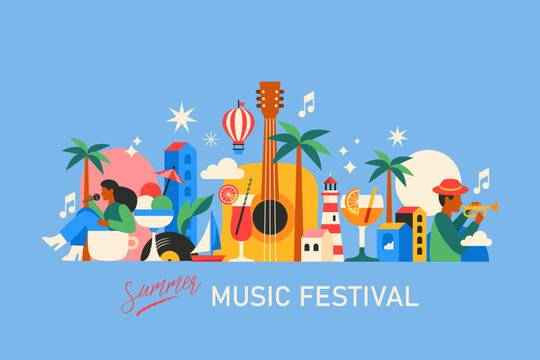 Summer music festival modern poster design in trendy geometrical style. Template for cards, banner and background