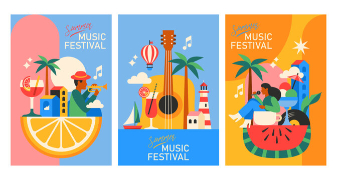 Summer music festival modern poster design set in trendy geometrical style. Template for cards, banner and background