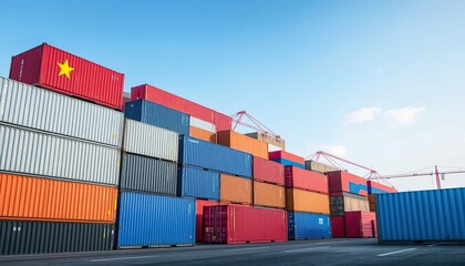 Fototapeta premium Stacked Shipping Containers with Vibrant Colors Under a Clear Blue Sky at a Cargo Port on a Sunny Day
