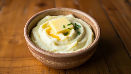 mashed potatoes creamy close-up butter chives comfort food ceramic bowl swirled homemade
