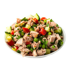 side angle of tuna salad with avocado and cherry tomatoes

