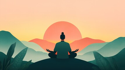 Meditative practice at sunrise mountain landscape digital art tranquil environment peaceful view mindfulness concept