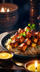 Delicious Glazed Tofu with Noodles: A Warm and Inviting Culinary Scene