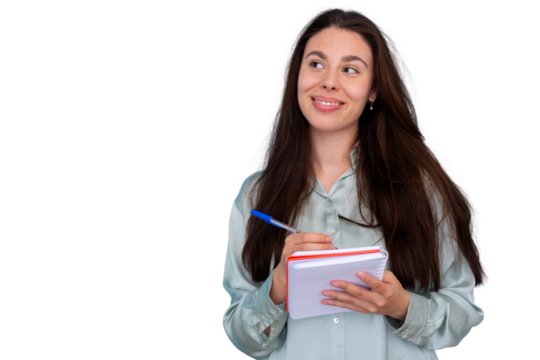 Young businesswoman holding a pen and a notebook, taking notes and smiling, isolated on transparent background