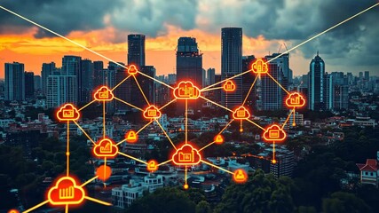 Cloud Computing Network Over Cityscape at Sunset - Powered by Adobe