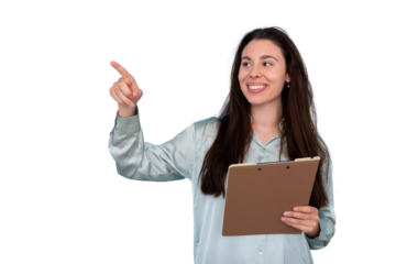 Smiling professional pointing forward, clipboard in hand, standing against transparent backdrop