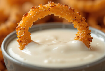 Crunchy onion ring dipped in creamy sauce at a casual dining setting